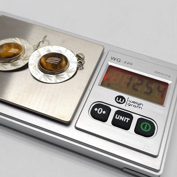 Taxco EMF Sterling Silver Tigers Eye Oval Earrings With Engraved Design - Picture 5 of 6